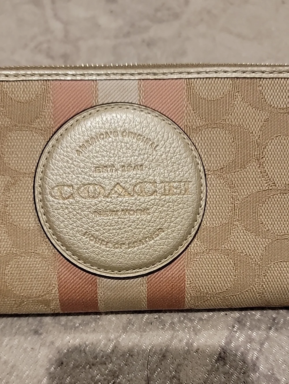 Coach Dempsey Beige and Pink Signature Zip Wallet With Leather Logo Patch